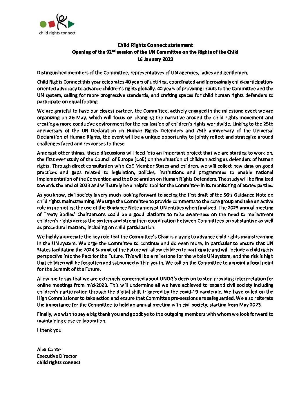 Child Rights Connect Statement on the 92nd session